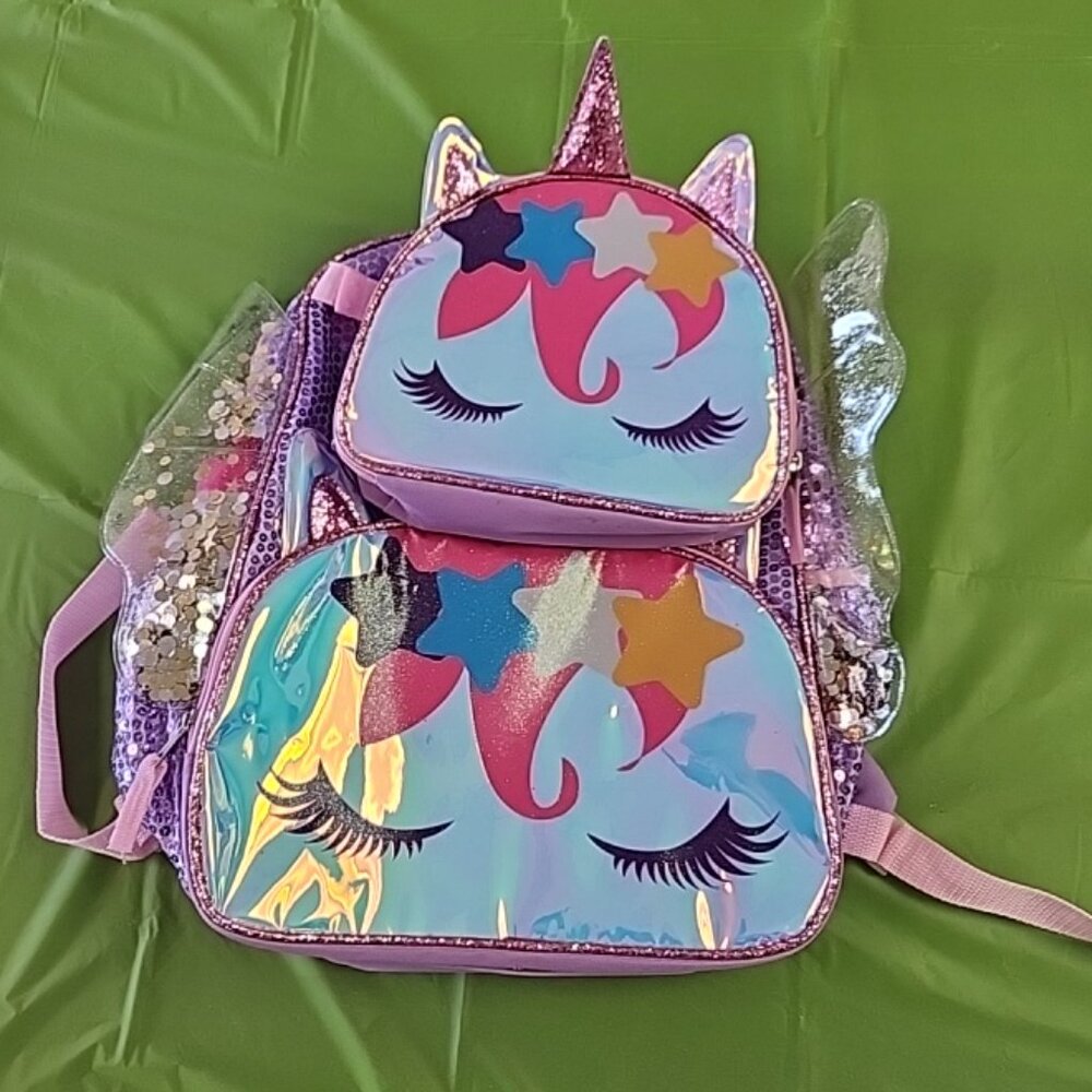 Unicorn Backpack 3 Piece Set  Sparkly Lunch Box Water Bottle Ice Pk Storage NWOT